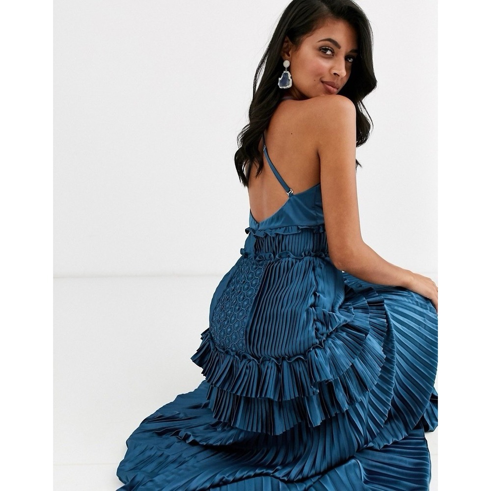 True Decadence Pleated Plisse Tiered Navy Maxi Dress HS1271 US 2 UK 6 - Picture 4 of 9